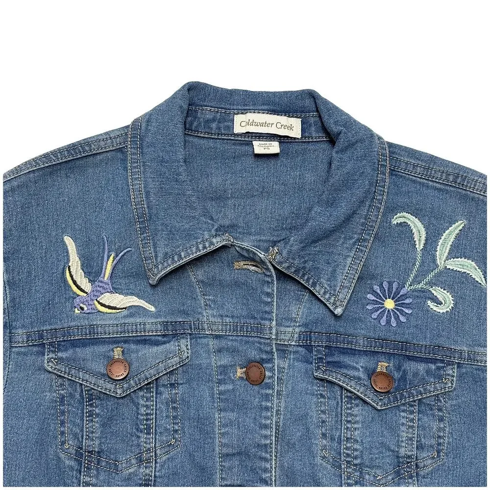 Coldwater Creek Embroidered Denim Jacket Women S Petite Boho Cottagecore Floral